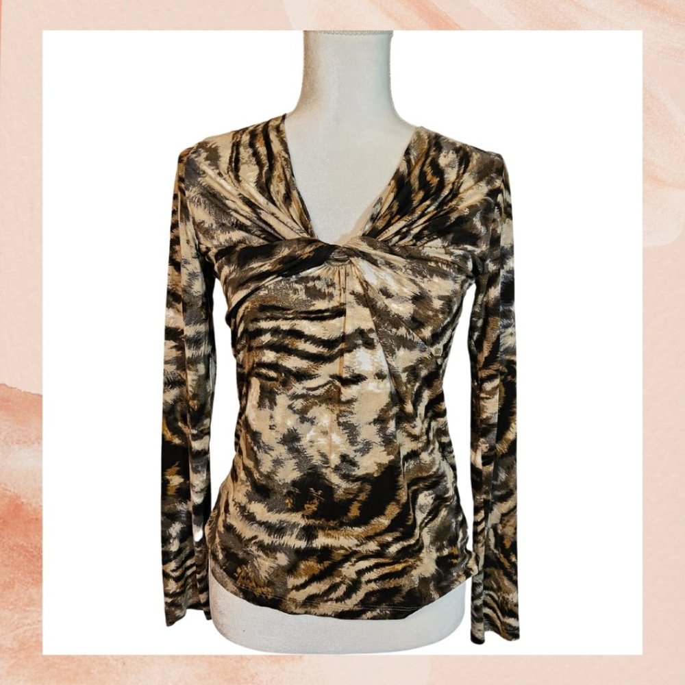 Elliott Lauren Soft Knit Tan Black Animal Print Twist Front Top
